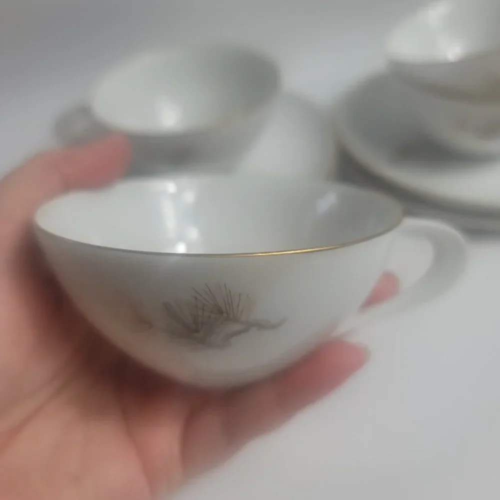 FOUR Sango Larchmont Cup & Saucer Sets White with Brown Pine Branch
